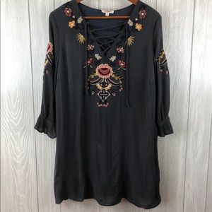 Umgee | Tunic Dress Puff Sleeve Lace up Embroidery